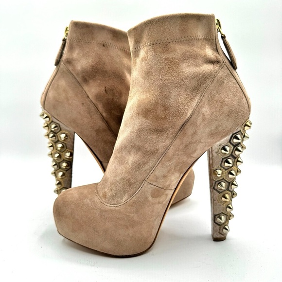 Brian Atwood Studded Heels Booties,Nude Suede with Bold Studded Heel, Size 37 - Picture 8 of 16